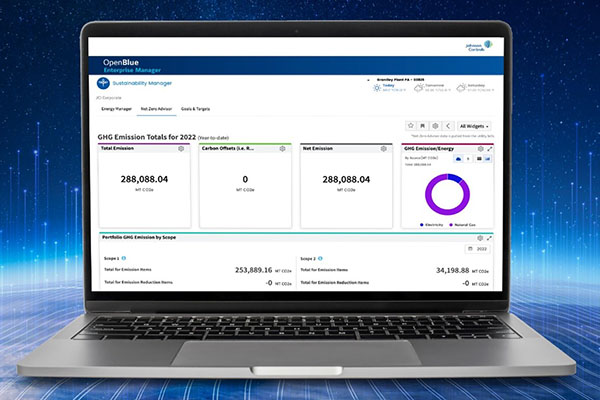 OpenBlue Netzero advisor feature displayed on a laptop screen