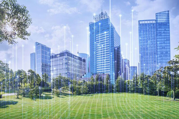 Front view of blue city scrapper across the green lawn overlaid with graphics of transmission nodes